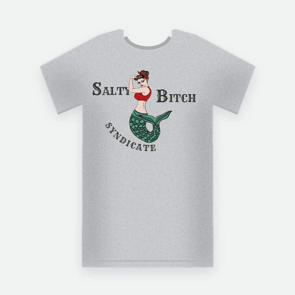 Salty Bitch Syndicate heather grey tee with full-color pin-up mermaid logo