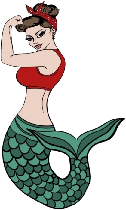 Salty Bitch Syndicate pin-up mermaid flexing, the brand logo